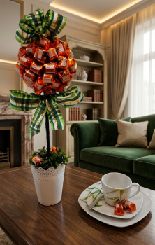 Pralinen Baum 50 cm eigene Herstellung mit 48 feinste Pralinen fest verbunden mit Blumentopf – mit Schleife und Rüschen Schleife – Handarbeit Petras-Geschenkwelt Jandelsbrunn